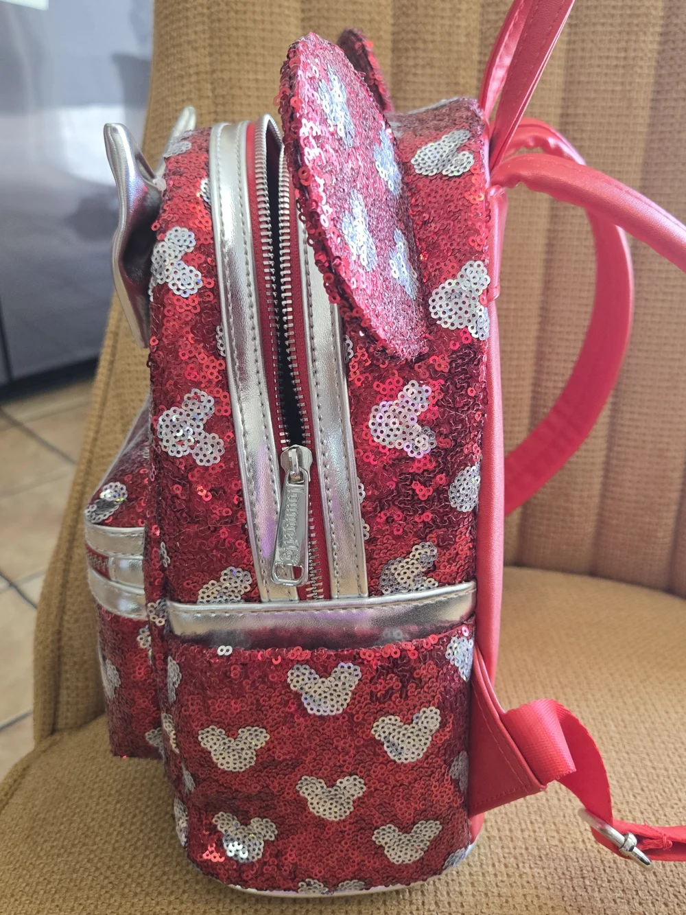 Loungefly Disney Red Sequin Minnie Ear Mini Backpack with Silver Bow